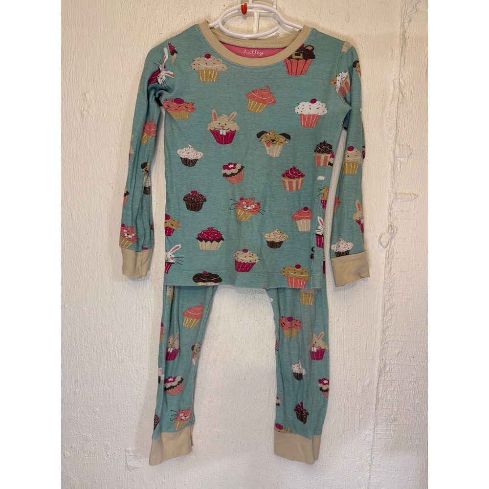 Hatley Girls Blue Cupcake Animal Print Pajama Set Size 4 Long Sleeve Cotton PJs